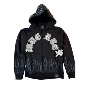 Hasta Muerte Streetwear Hoodie Mens XL Blk Rhinestone Hood Old English Angel NWT